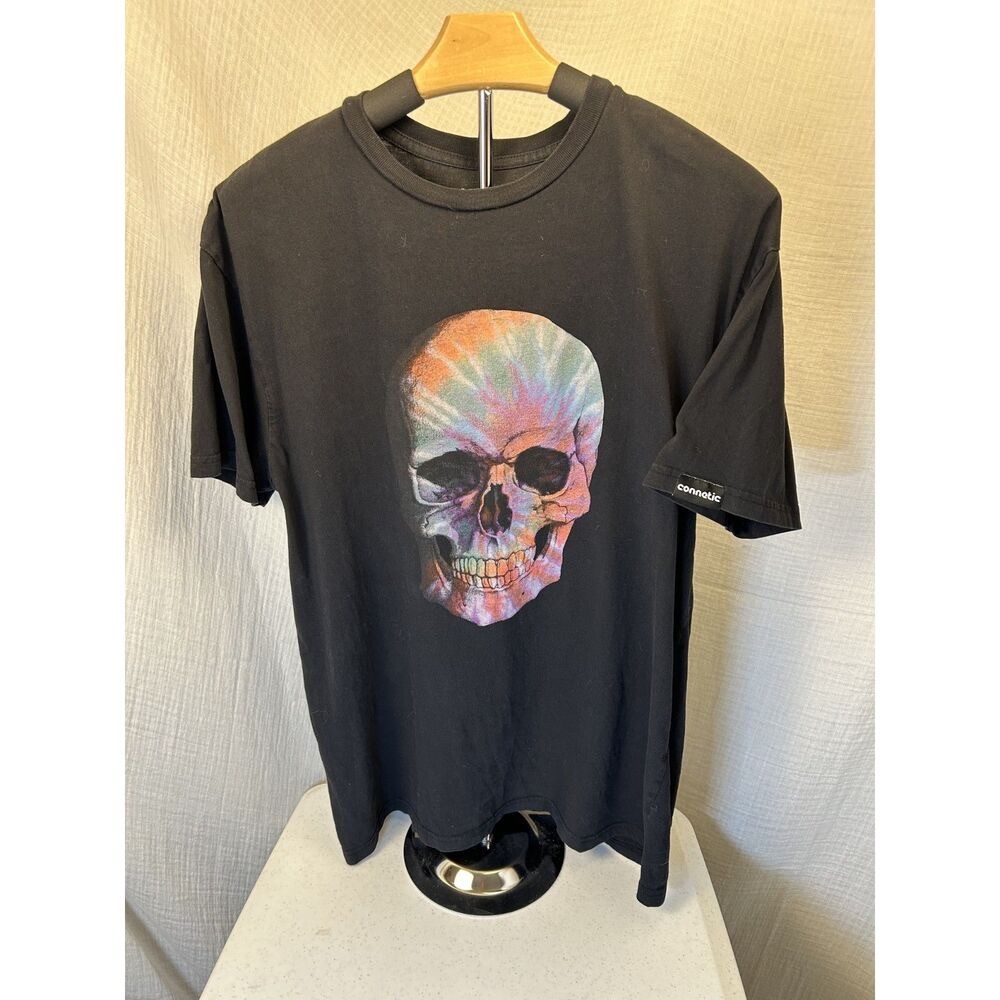 Connetic T-Shirt Mn's Sz Lg Black With Tie Dyed Skull Screen Print 100% Cotton
